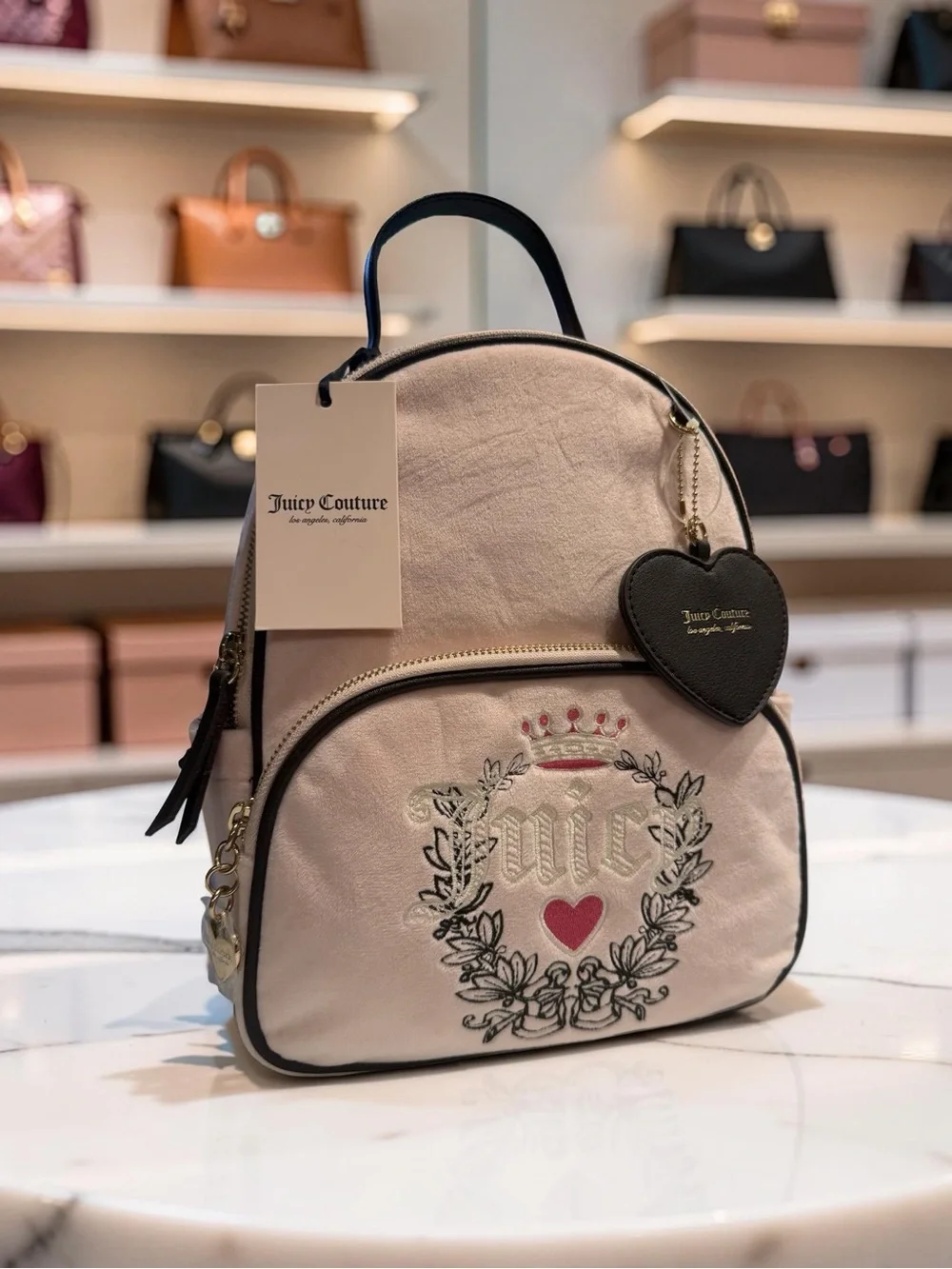 Juicy Couture Light Blush Pink Embroidered Heart Logo Velour Backpack. (P236) - Picture 12 of 12